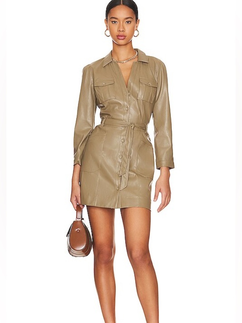 PAIGE Olive Green Karmine Vegan Leather Long Sleeve Shirt Mini Dress Small